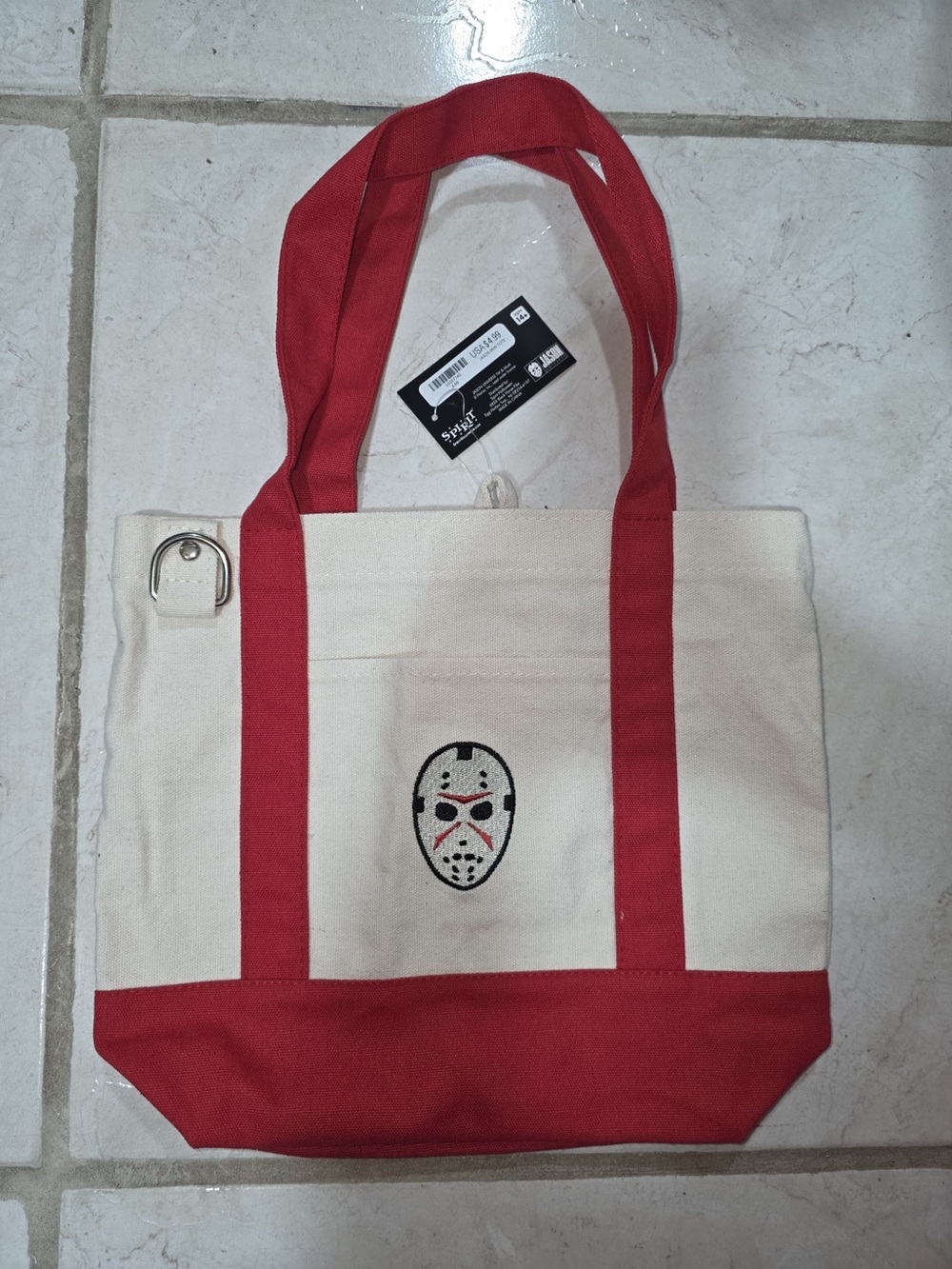 Jason Canvas Tote Bag with Red Accents and Embroidered Mask